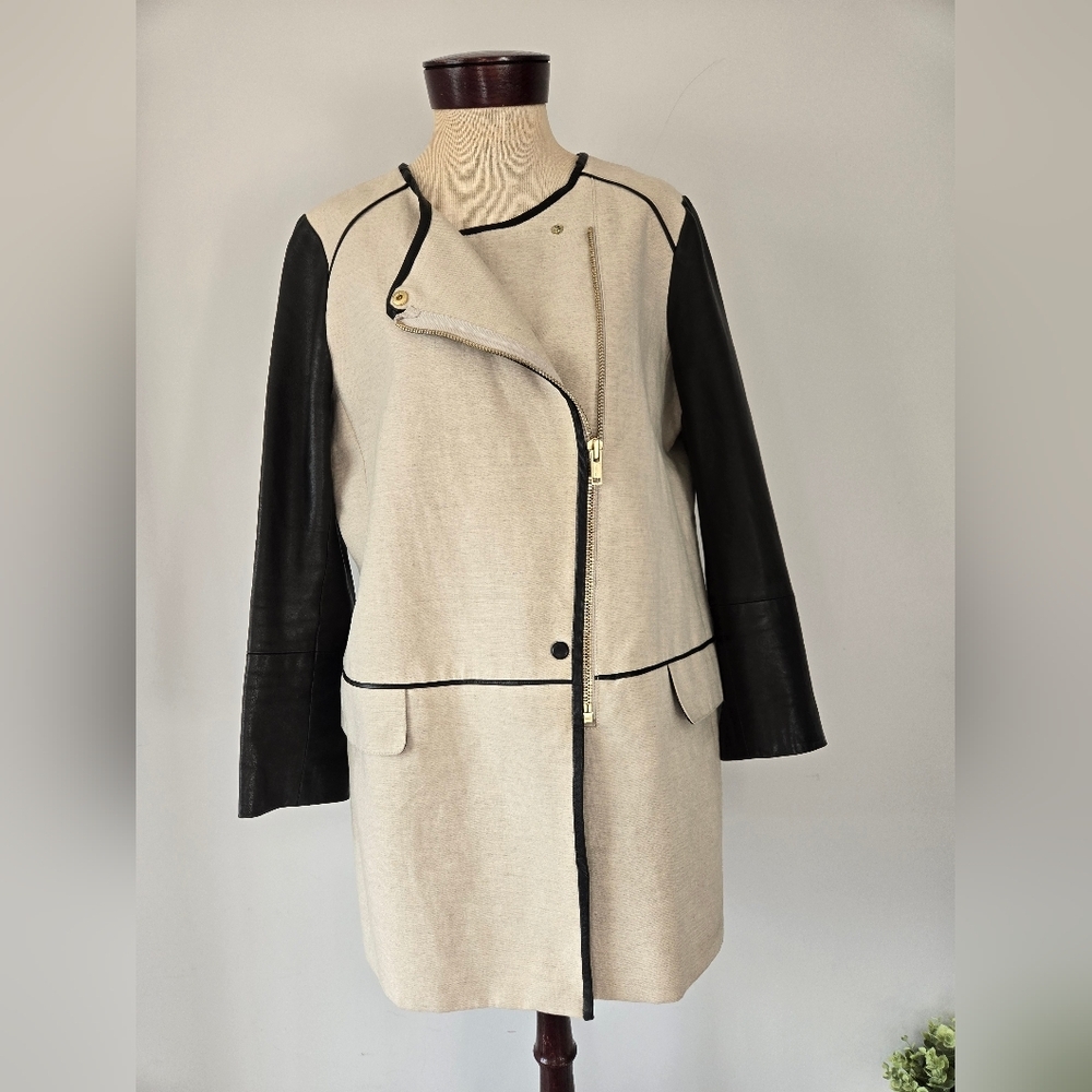 CLUB MONACO linen and lamb leather cream and black jacket. Size large - Picture 9 of 16